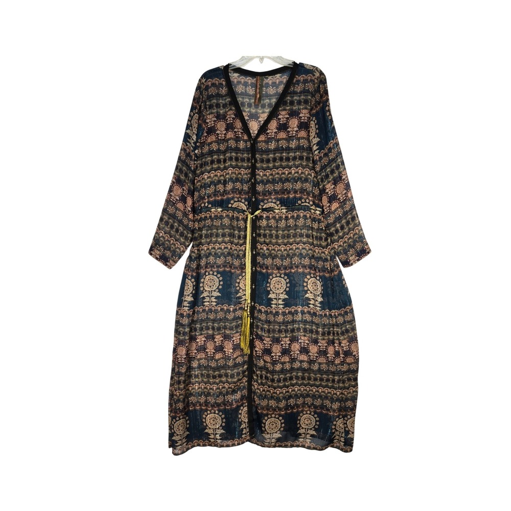 Aratta Silent Journey Floral Metallic Duster Kimono Teal Boho Longline Cardigan